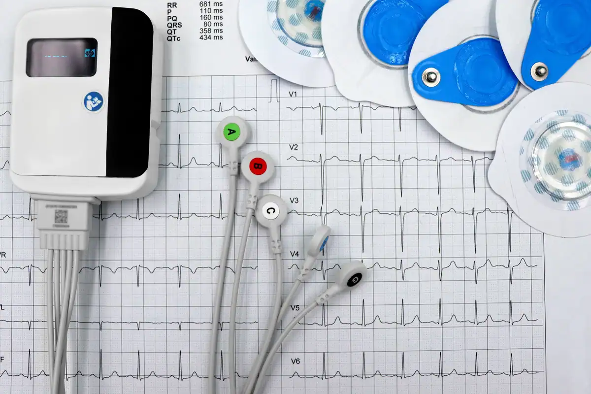 Aparat EKG cu electrozi și cabluri așezat pe traseul tipărit al ritmului inimii
