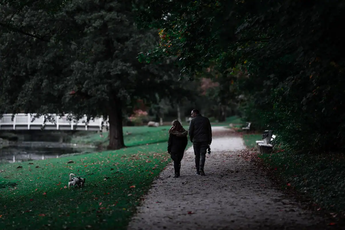 Cuplu care își plimbă câinele pe o alee de toamnă din parc, lângă râu
